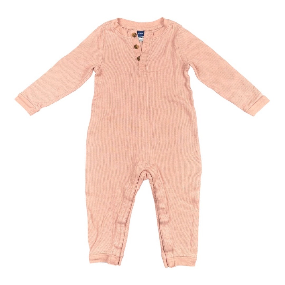 Old Navy Baby Waffle‎ Knit Henley Romper 18-24M Pink Long Sleeve Jumpsuit 521